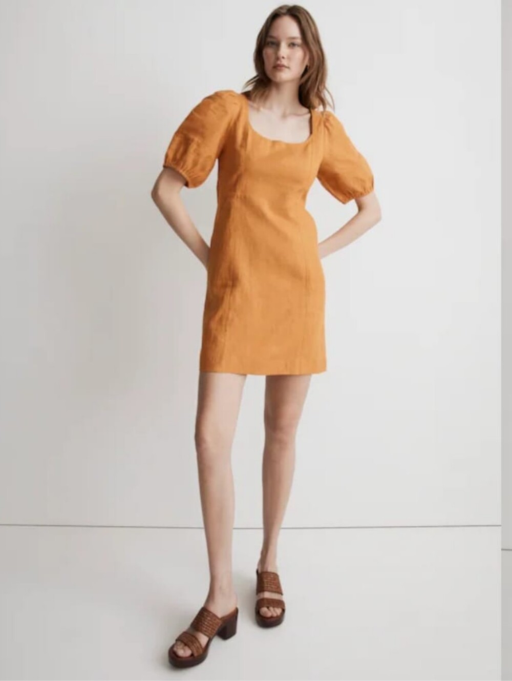 Square Neck Puff Sleeve Mini Dress in Orange